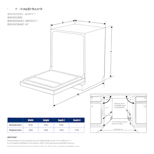 WSF6602XC Westinghouse 60cm Freestanding Dishwasher