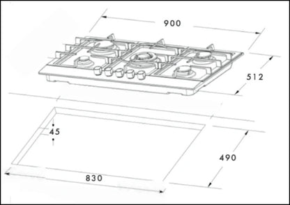 ECT900GBK2 NEW EURO 90CM BLACK GLASS WOK BNR GAS HOB